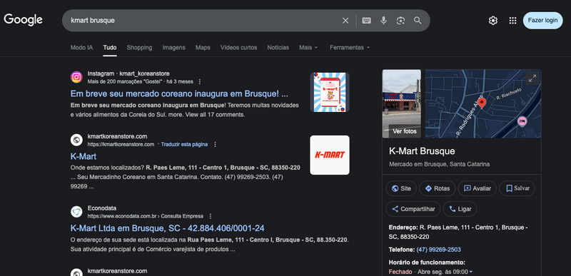 Exemplo de empresa no Google
